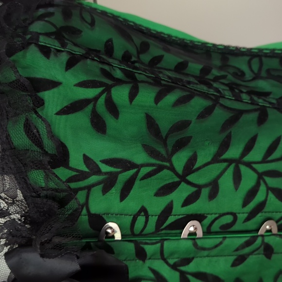 Strapless Lace Ruffle Lace Up Corset With Panty Lingerie Plus 4XL Green Black - Picture 4 of 16